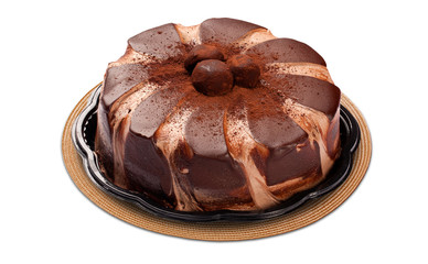 Chocolate cake with sweet cream. White background.