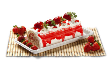 Strawberry jelly roll. Strawberry dessert on white background.