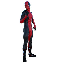 one young superhero man with muscles in red black super suit. He stands half turned sideways to the camera. His right hand in a pose of greeting
