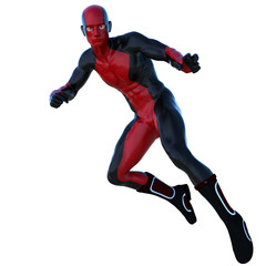 one young superhero man with muscles in red black super suit. He jumps to the right side and prepares to attack