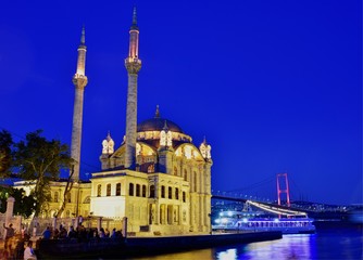 Ortakoy Mosque, Istanbul: view on mosque and Bosphorus bridge