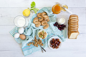 Wealthy breakfast table with different foods