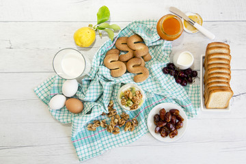 Wealthy breakfast table with different foods