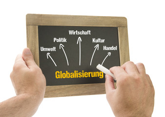 Hand schreibt Globalisierung auf Kreidetafel