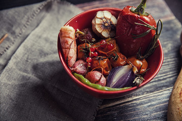 food on wooden table with napkin