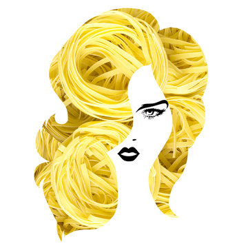 Pasta hairstyle / Creative concept photo of a woman with pasta hairstyle on white background.