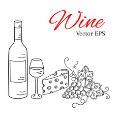 Wine bottle, glass, grapes and cheese vector illustrations isolated, hand drawn doodle sketch. Wine background.