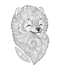 Zen art stylized Dog. Vector hand drawn pom. Pomeranian spitz. Adult antistress coloring page. Zendoodle sketch for T-shirt print, logo, tattoo. Black isolated illustration on white background.