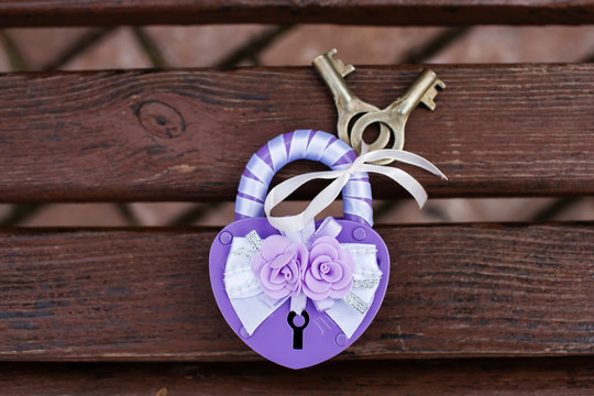 Decorated wedding padlock of love with keys