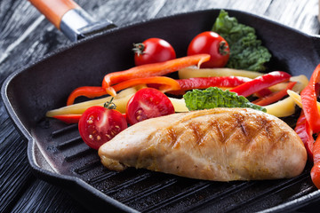 Tasty Grilled chicken fillet and bell pepper in a pan