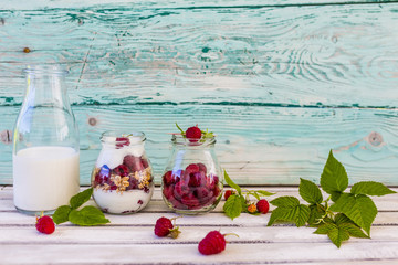 Yoghurt with fresh raspberry fruit
