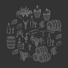 Wine and wine making set vector illustrations hand drawn doodle, bottles, glasses, grapes, wine tasting, cheese, champagne, barrels, cellar. Wine design elements on chalkboard.