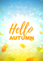 Hello autumn flyer. Beautiful background with the falling leaves. Vector template of brochure with place for text for your business in A4 size.