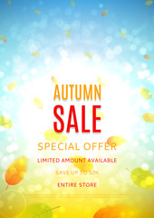 Autumn sale flyer. Beautiful background with the falling leaves. Vector template of brochure with place for text for your business in A4 size.