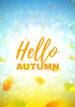 Hello autumn flyer. Beautiful background with the falling leaves. Vector template of brochure with place for text for your business in A4 size.
