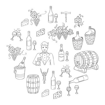 Wine and wine making set vector illustrations hand drawn doodle, bottles, glasses, grapes, sommelier, wine tasting, cheese, champagne, barrels, cellar. Wine design elements.