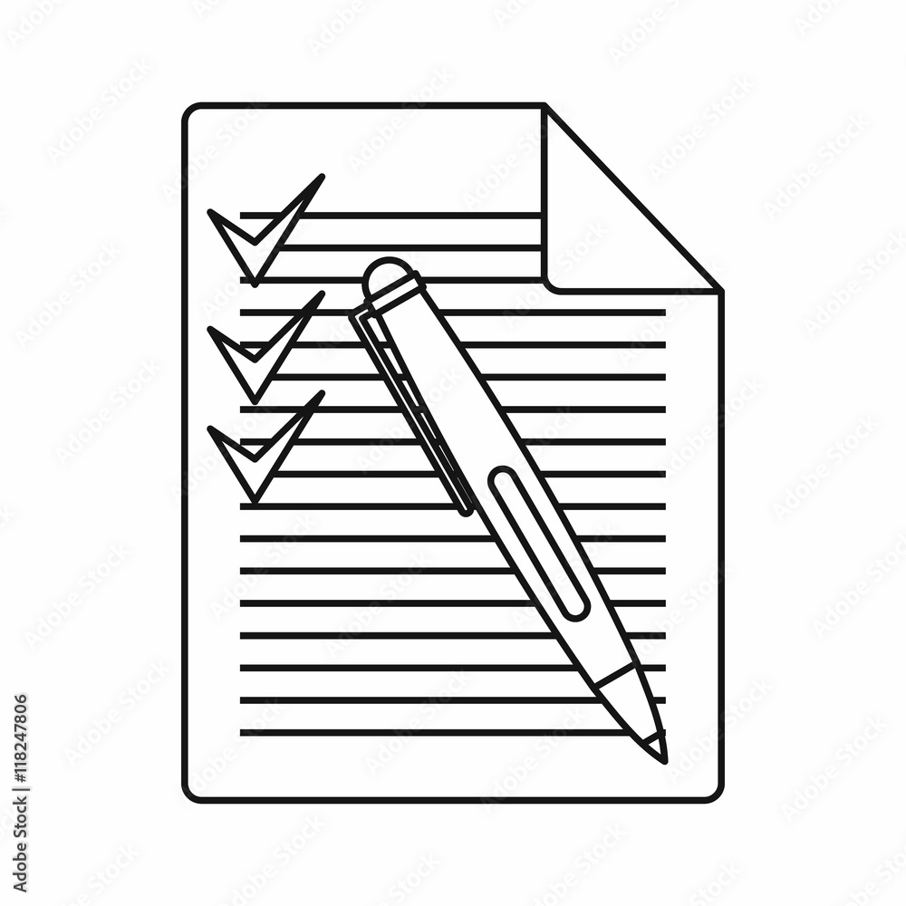 Poster document with plan and pen icon in outline style isolated on white background. contract symbol vecto