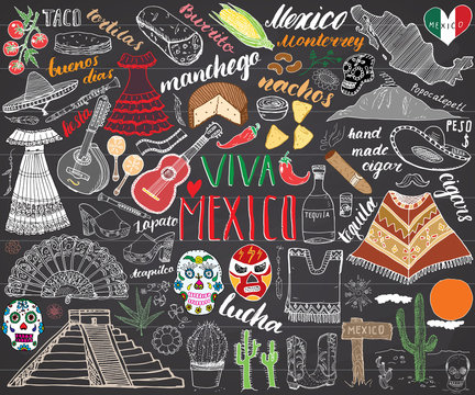 Mexico hand drawn sketch set vector illustration chalkboard