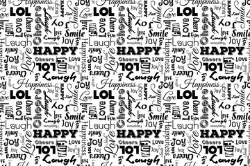 Seamless pattern with words: happy, joy, laugh, smile, happiness, lol, love, fun, cheers. Vector. Transparent background.