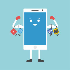 strong smart phone vector illustration.Hardy, powerful smart phone with muscles and applications
