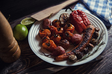food on wooden table with napkin