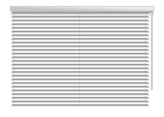 Horizontal window blind. White office interior blackout shade. Window shutter decor. Home interior design. Vector illustration. Background realistic window sunlight blinds closed. Office accessories.