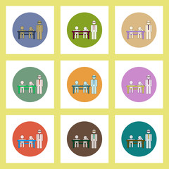 flat icons set of back to school concept on colorful circles teacher and pupils