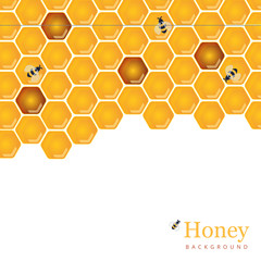 Shiny amber honey comb and bees background design. Vector