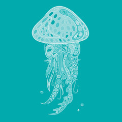Hand-drawn and painted decorative jellyfish in zentangl style. Vector graphics.