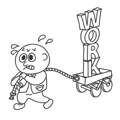 hard work. businessman pulling a wagon with text work. tired exhausted man pulling wagon with the word work. Vector illustration
