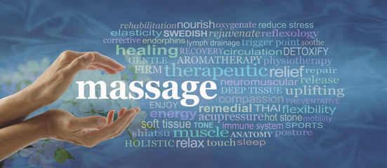 Blue massage word cloud - Female hands gently cupped around the word MASSAGE surrounded by a relevant word cloud on a flowing blue pattern background with faded blossom behind hands