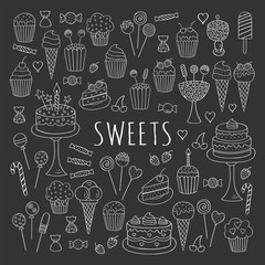 Sweets set vector icons hand drawn doodle. Dessert illustrations pastries, birthday cake, cupcake, ice cream, candy, lollipop, chocolate isolated .