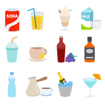 Drinks Icon set. Collection of non-alcoholic and alcohol drinks.