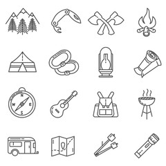 camping thin line icons set. Summer camping outdoors on a white background