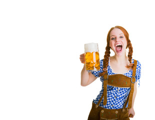 Frau mit Tracht trinkt Bier 