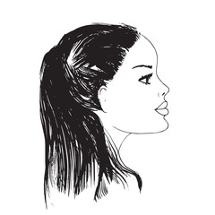 Hand drawn Profile of young woman with long hair.