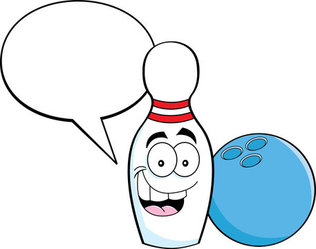 Cartoon illustration of a bowling pin with a caption balloon and a bowling ball.