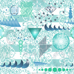 Trendy modern seamless pattern with abstract geometric shapes, crystals, diamonds