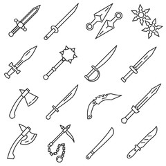 Edged weapons icons set. Cold steel arms. Collection of military weapons: swords, axes, knives, kunai, shuriken, mace.