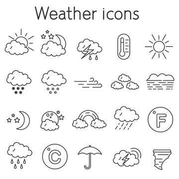 weather icons set. collection of weather conditions. thin line design