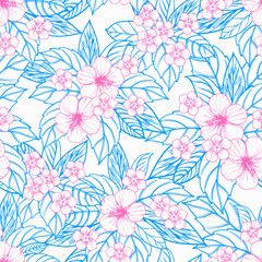 Summer colorful hawaiian seamless pattern with tropical plants and hibiscus flowers.