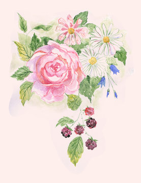 акварельное изображение розы и полевых цветов.Свадебное приглашение в стиле гранж.Летняя открытка.