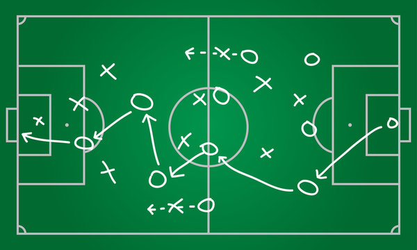 Soccer or football plan template. Realistic blackboard drawing game strategy. Vector illustration.