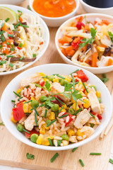 fried rice with tofu, noodles with vegetables and herbs