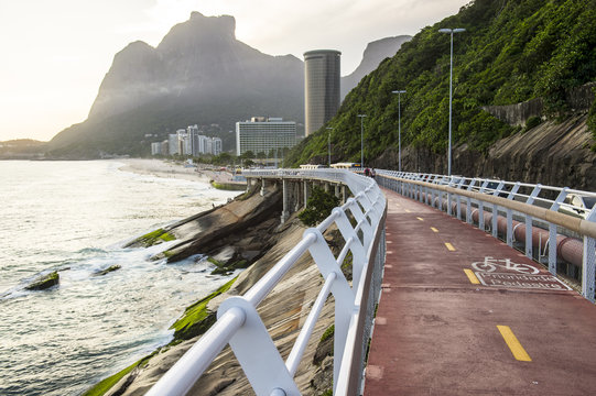 Scenic view from the newly finished coastal ciclovia bike path connecting the neighborhoods of Ipanema and Sao Conrado (and to Barra beyond) in Rio de Janeiro, Brazil