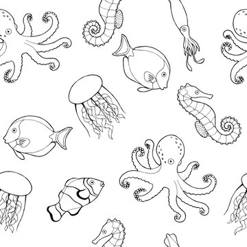 Sea life fish graphic art black white seamless pattern illustration vector