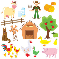 Big set of cartoon characters and elements of the farm.