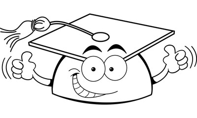 Fototapeta premium Black and white illustration of a graduation cap giving thumbs up.