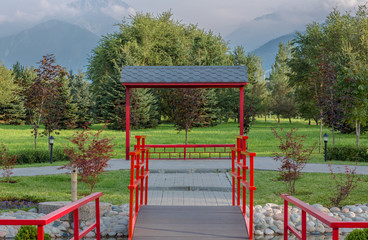 gazebo with a bench in the park Japanese, Asian style, mountain view