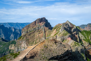 Hiking path in the mountains of Madeira island.